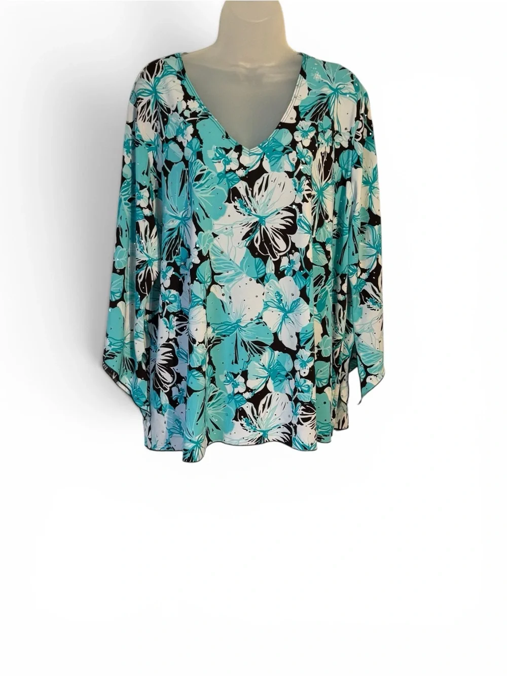 GORGEOUS Floral V-Neck TOP w/ 3/4 SLEEVE DETAIL AQUA SUMMER PLUS: 2X #N - Picture 1 of 6